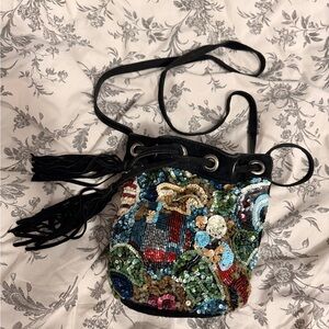 Vintage Suede Embroidered Sequin Crossbody Bag - Multicolor